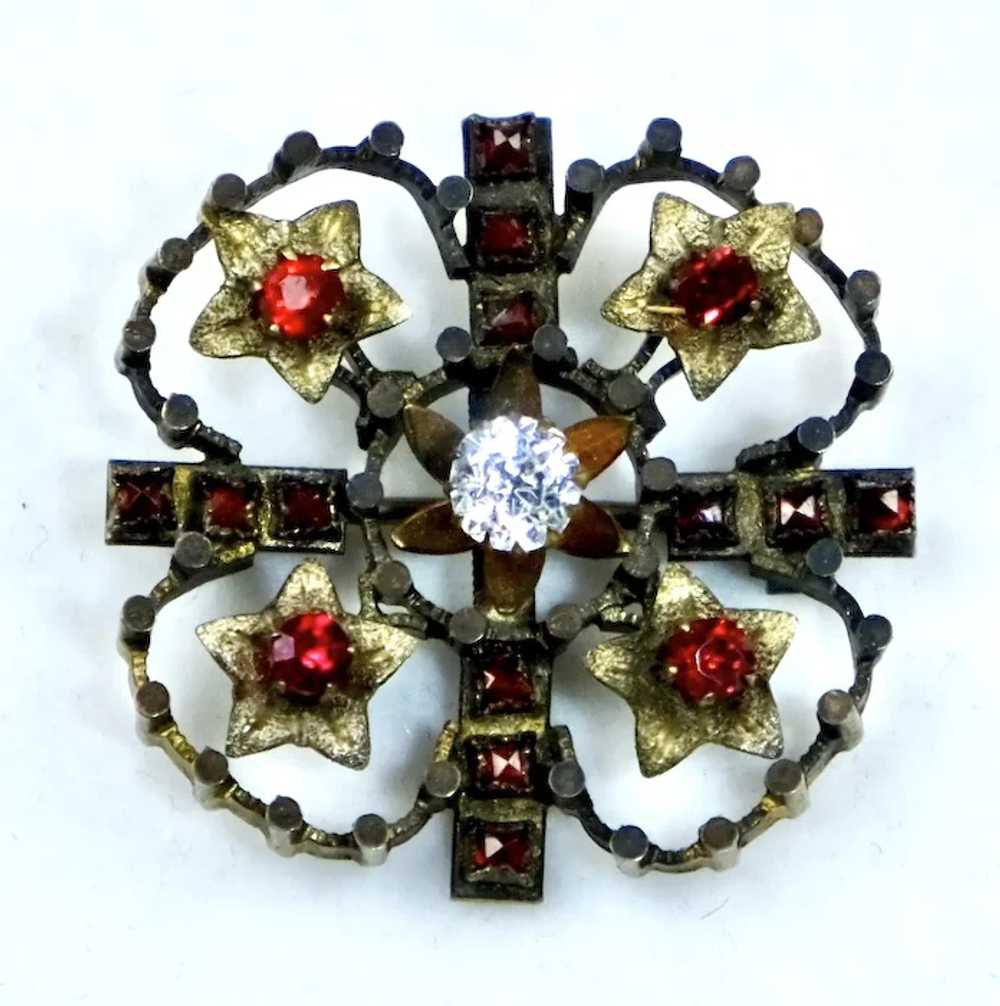 Victorian Gold Clover Pin with Red & White Paste … - image 6