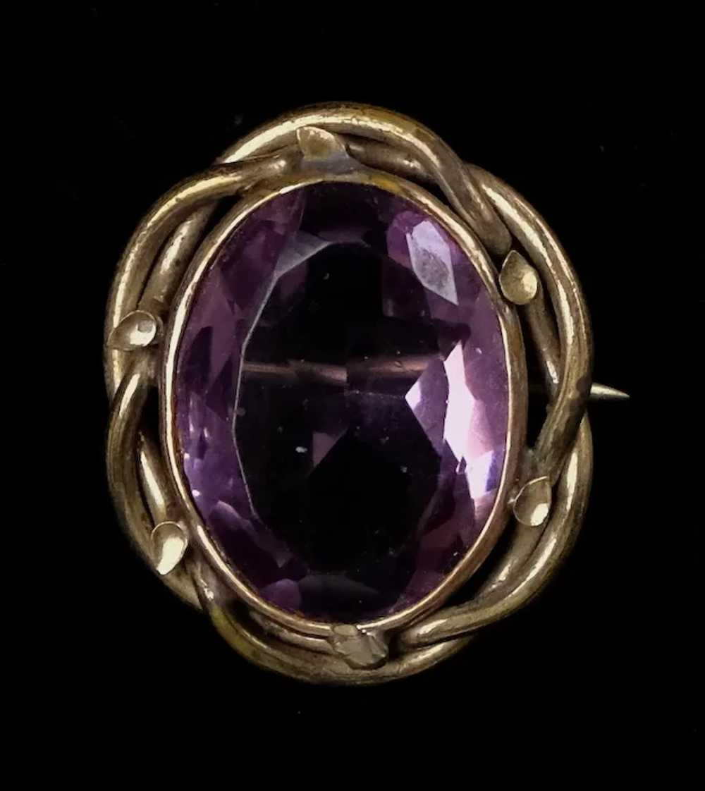 Antique Curved Scarf Pin with Purple Glass Gem and Vine Motif