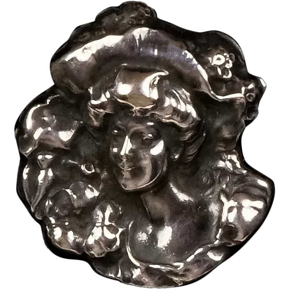 Petite Art Nouveau Sterling Brooch Lady Head Pin - image 1