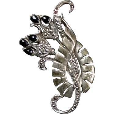 Sterling Marcasite Onyx Floral Pin Brooch