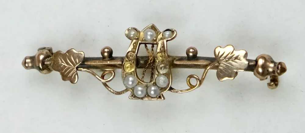 English Victorian 9K Gold Harp Bar Pin - image 2
