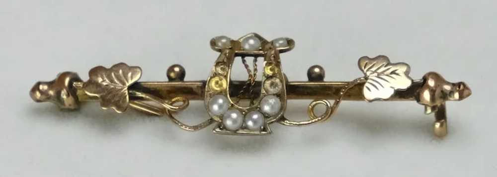 English Victorian 9K Gold Harp Bar Pin - image 6