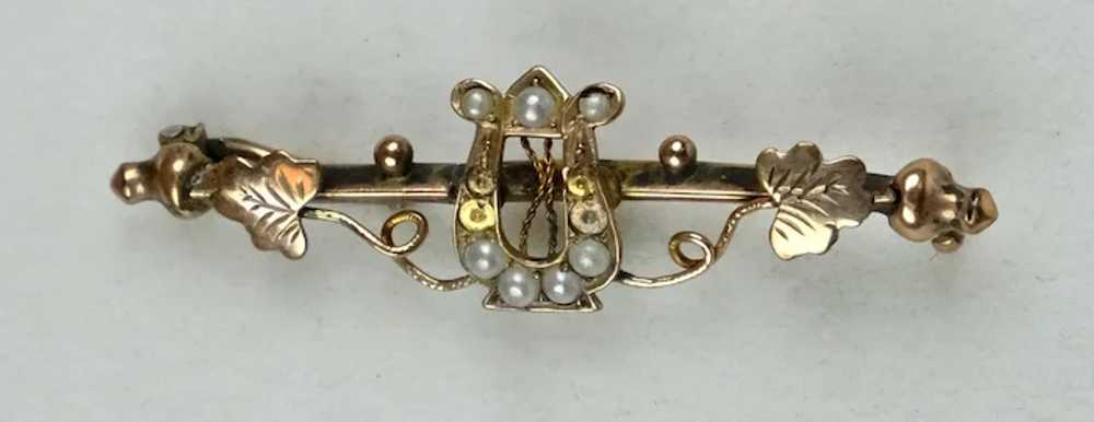English Victorian 9K Gold Harp Bar Pin - image 7