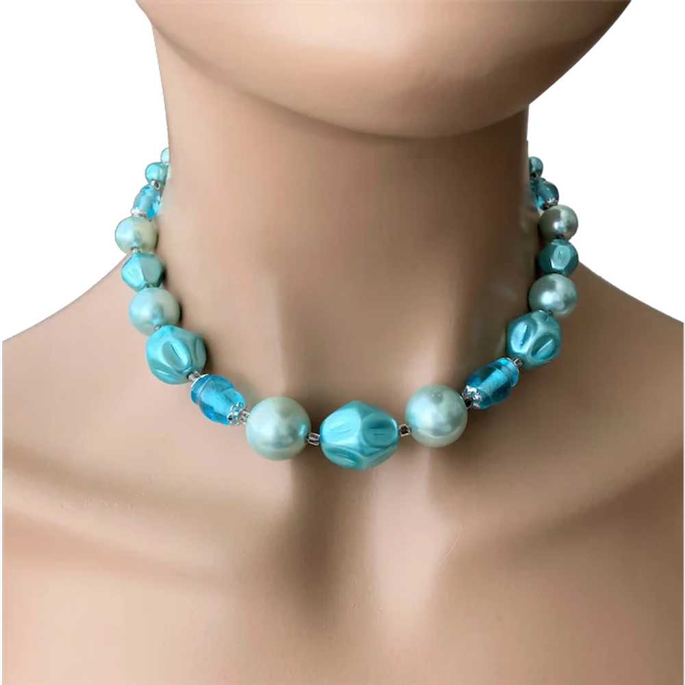 JAPAN Aqua Blue Faux Pearls and Beads Necklace - image 1