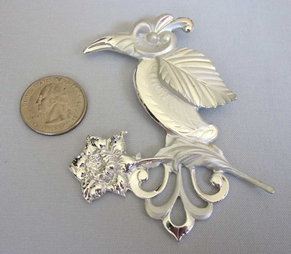 Vintage Huge Tropical Bird and Flower Brooch - Go… - image 2