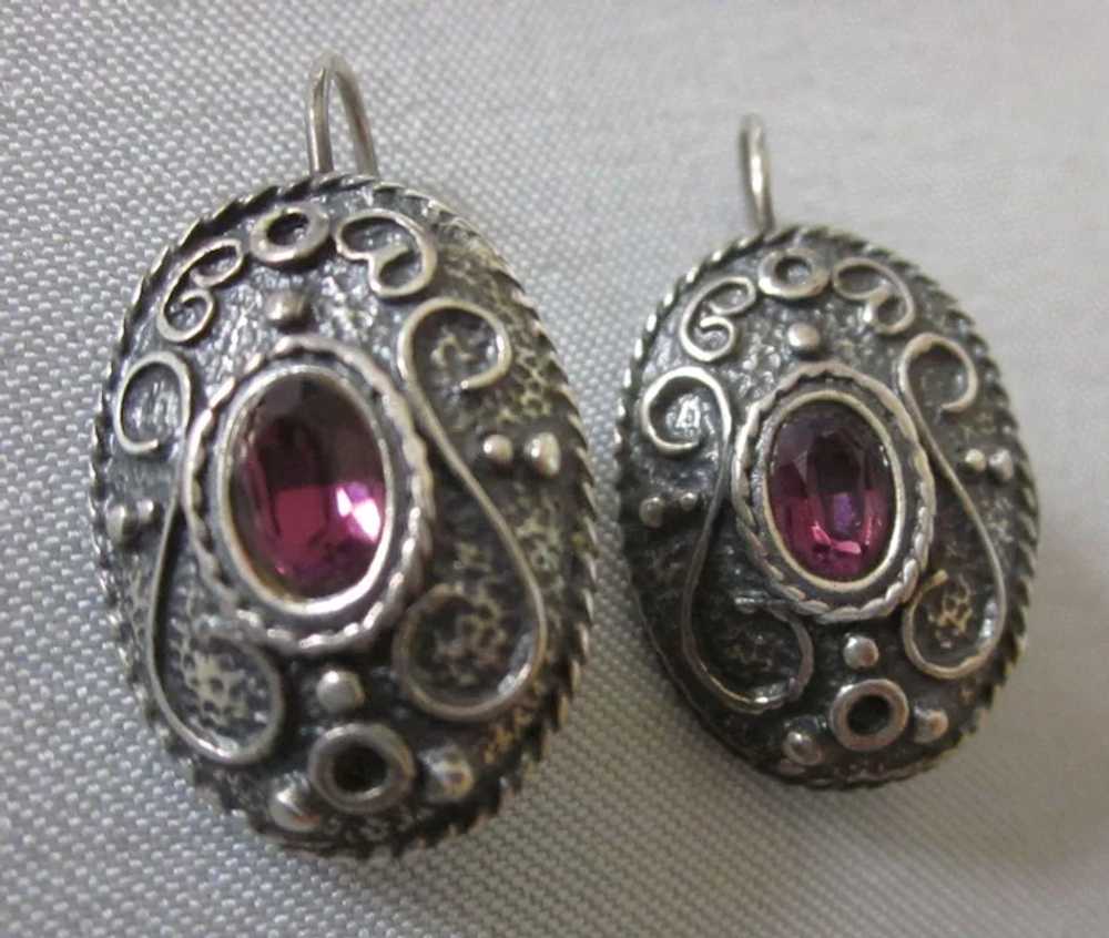 Sterling Amethyst Oval Etruscan Design Pierced Ea… - image 3