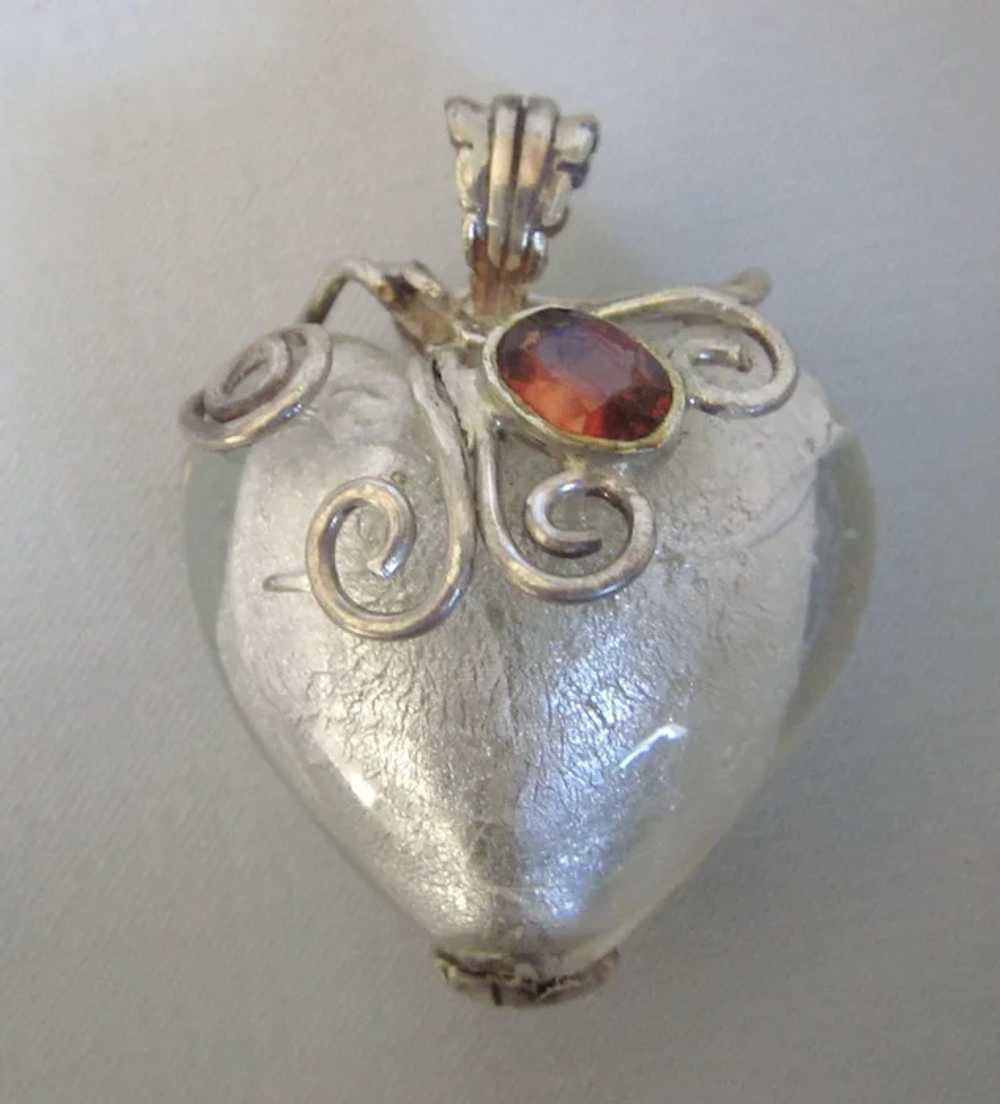 Vintage Sterling Puffy Foiled Glass Heart Pendant… - image 2