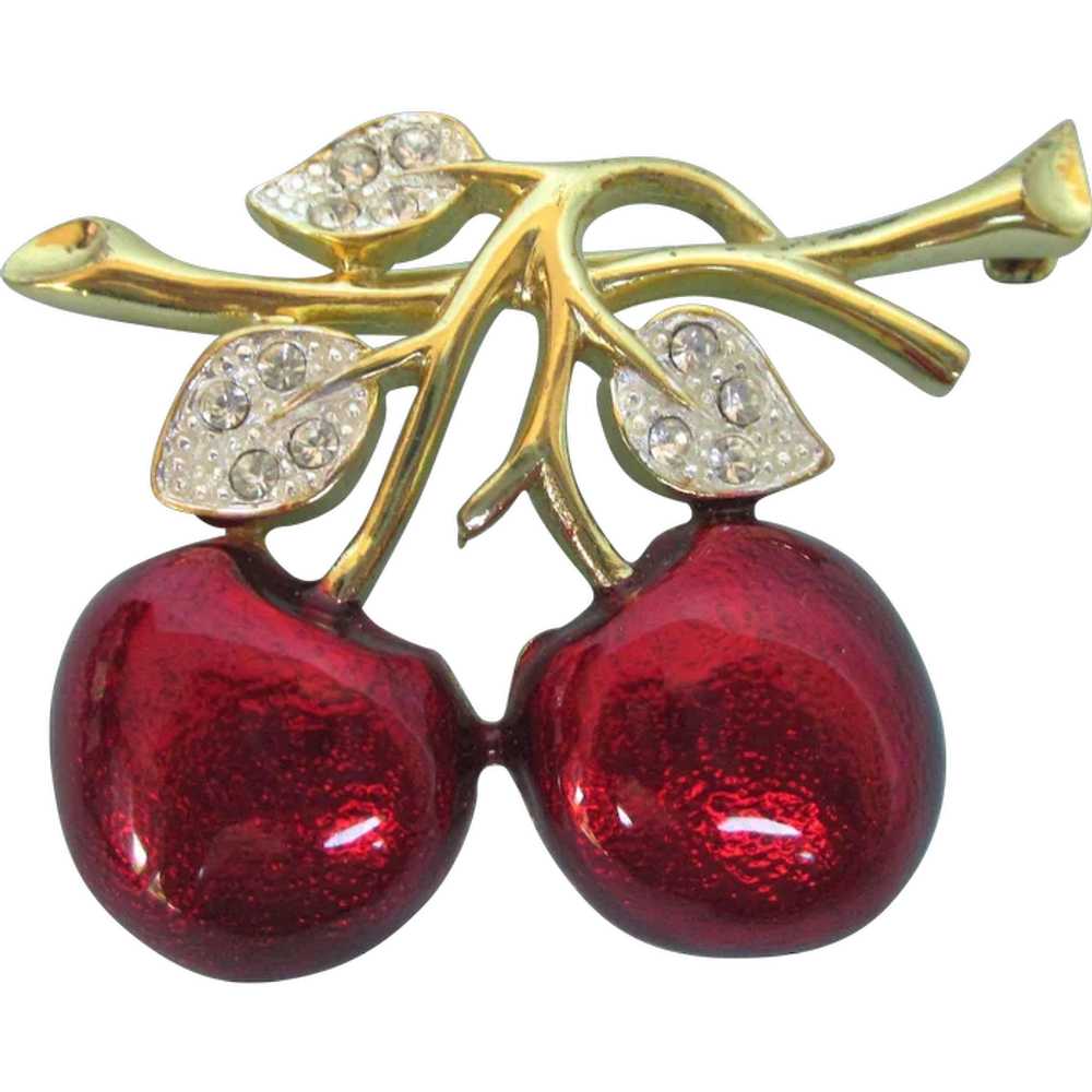 Whimsical Vintage Enamel and Rhinestone Cherries … - image 1