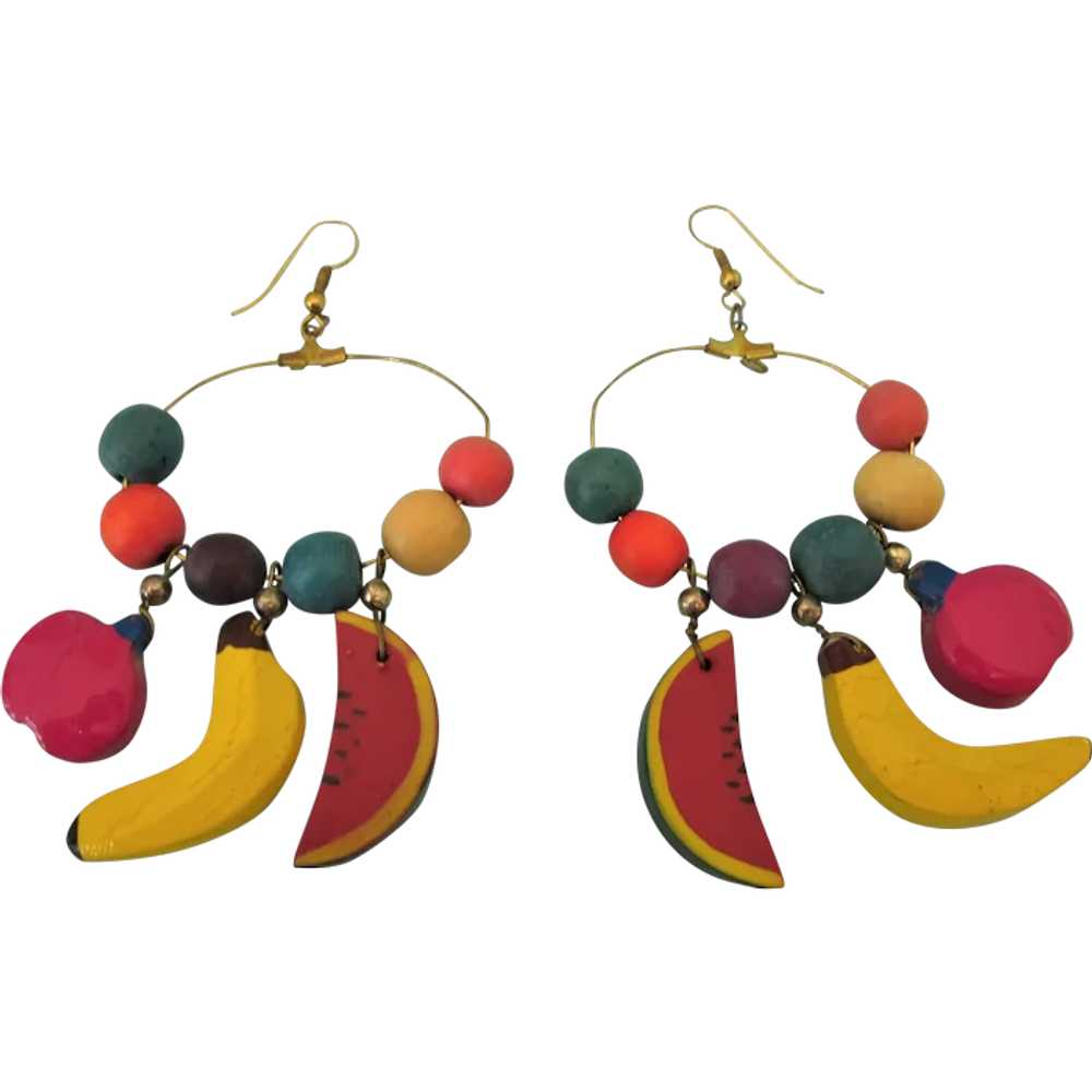 Whimsical Vintage Painted Fruit Dangle Pierced Ea… - image 1