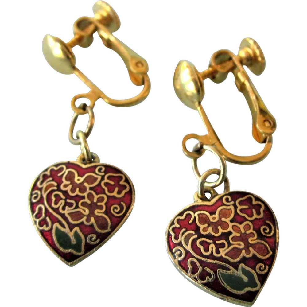 Vintage Cloisonne Heart Dangle Adjustable Clip Ea… - image 1