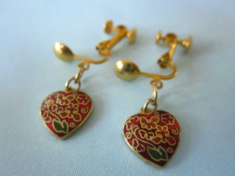 Vintage Cloisonne Heart Dangle Adjustable Clip Ea… - image 2