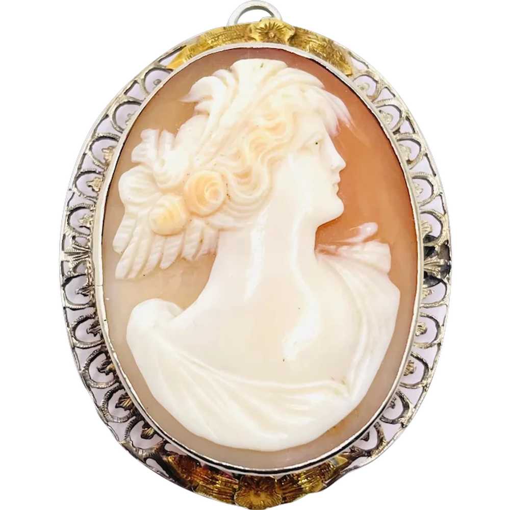 14k Gold Edwardian Carved Shell Cameo Brooch - image 1