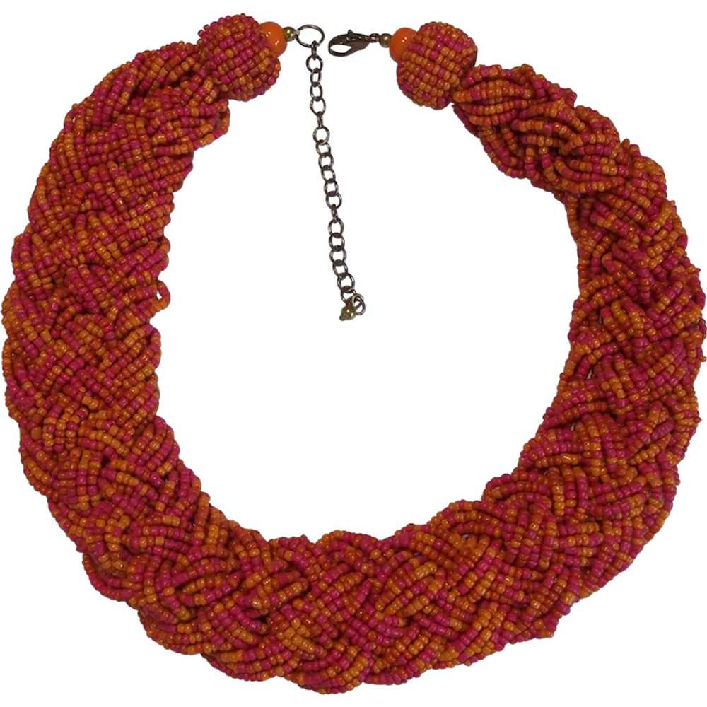 Braided Glass Seed Bead Coral Colors Necklace - image 1