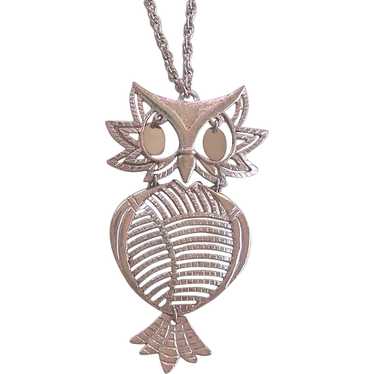 BIG Silver Tone Owl Pendant Necklace 70's Articul… - image 1