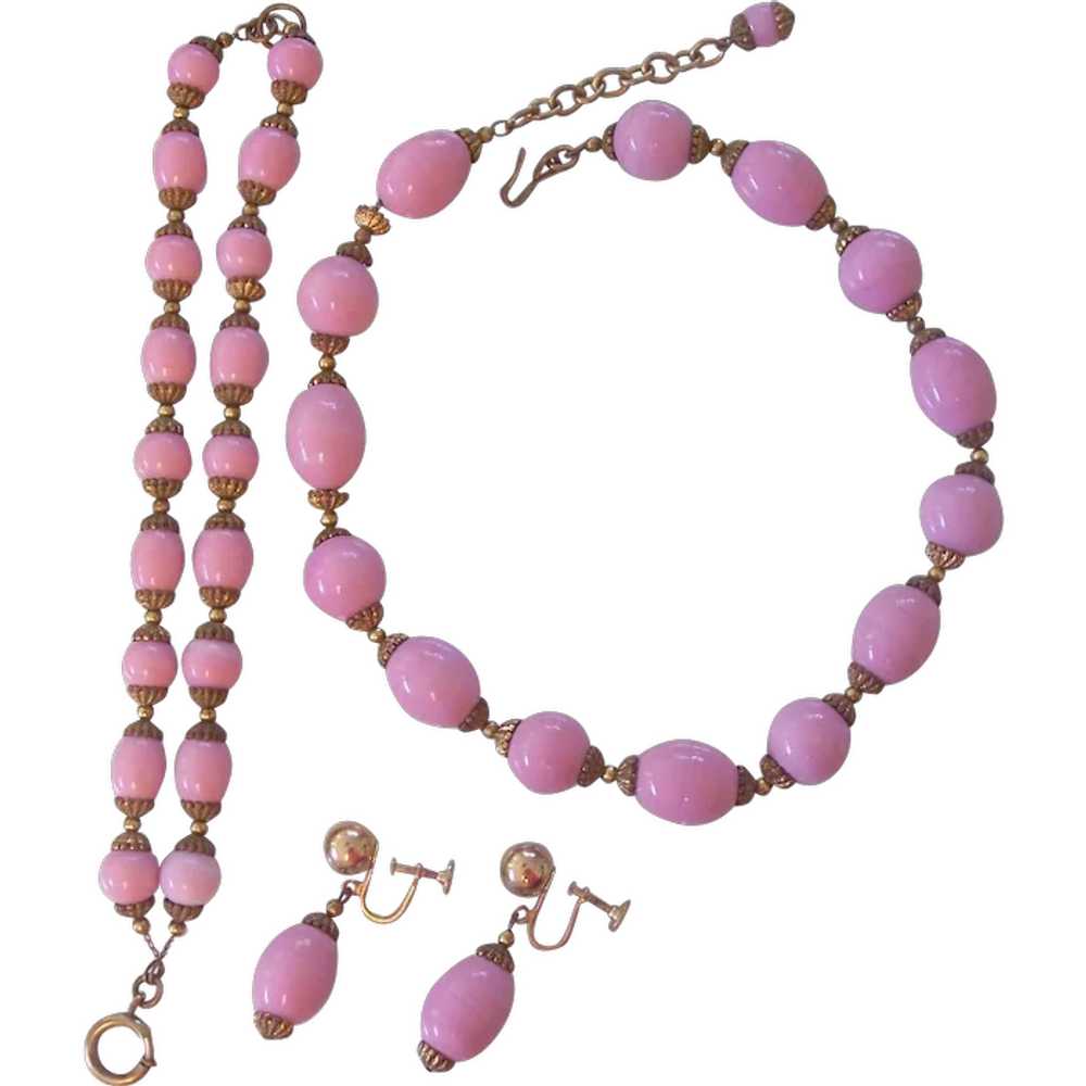 Vintage Pink Glass and Brass Czech Necklace Brace… - image 1