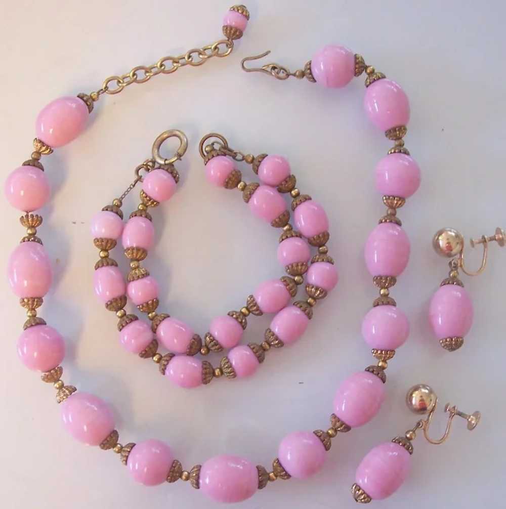 Vintage Pink Glass and Brass Czech Necklace Brace… - image 2