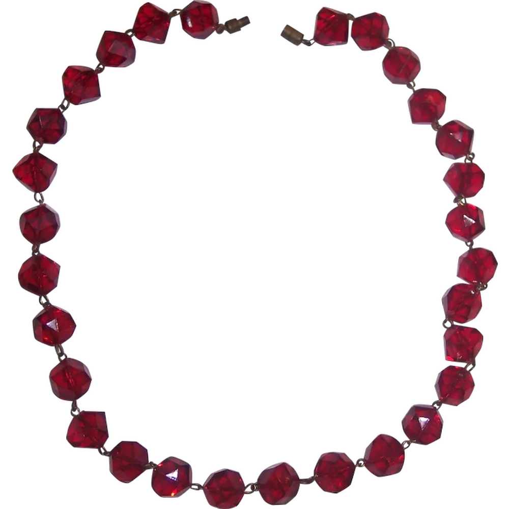 Red Faceted Beaded Necklace Plastic Cubist Beads - image 1