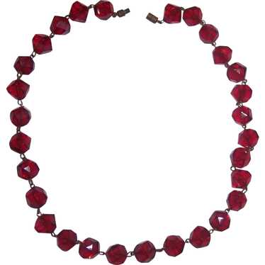 Red Faceted Beaded Necklace Plastic Cubist Beads - image 1