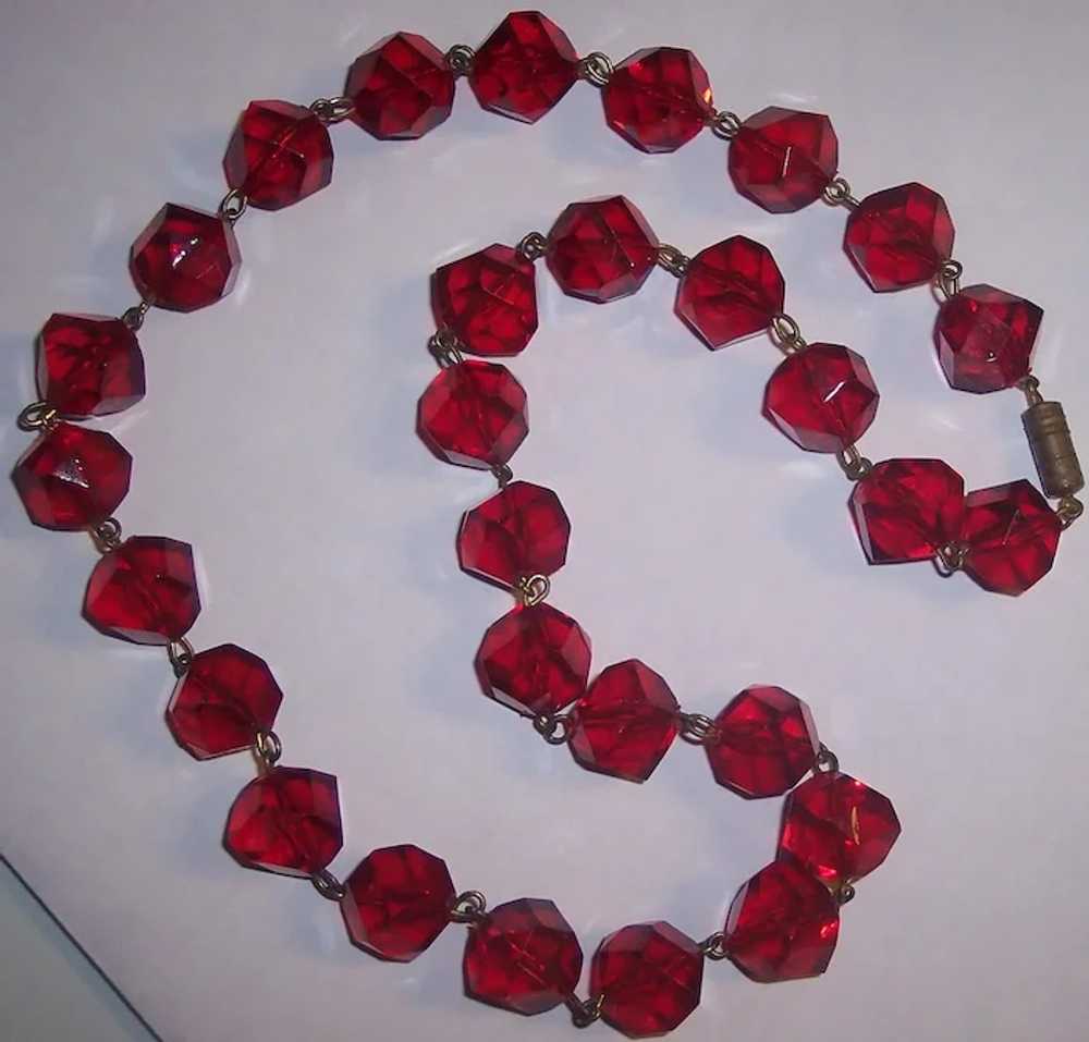 Red Faceted Beaded Necklace Plastic Cubist Beads - image 2