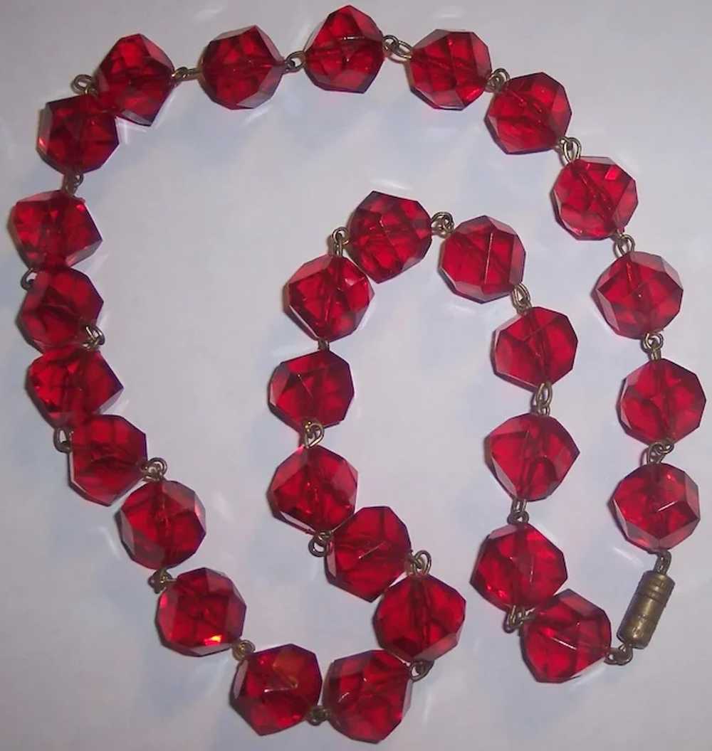 Red Faceted Beaded Necklace Plastic Cubist Beads - image 3