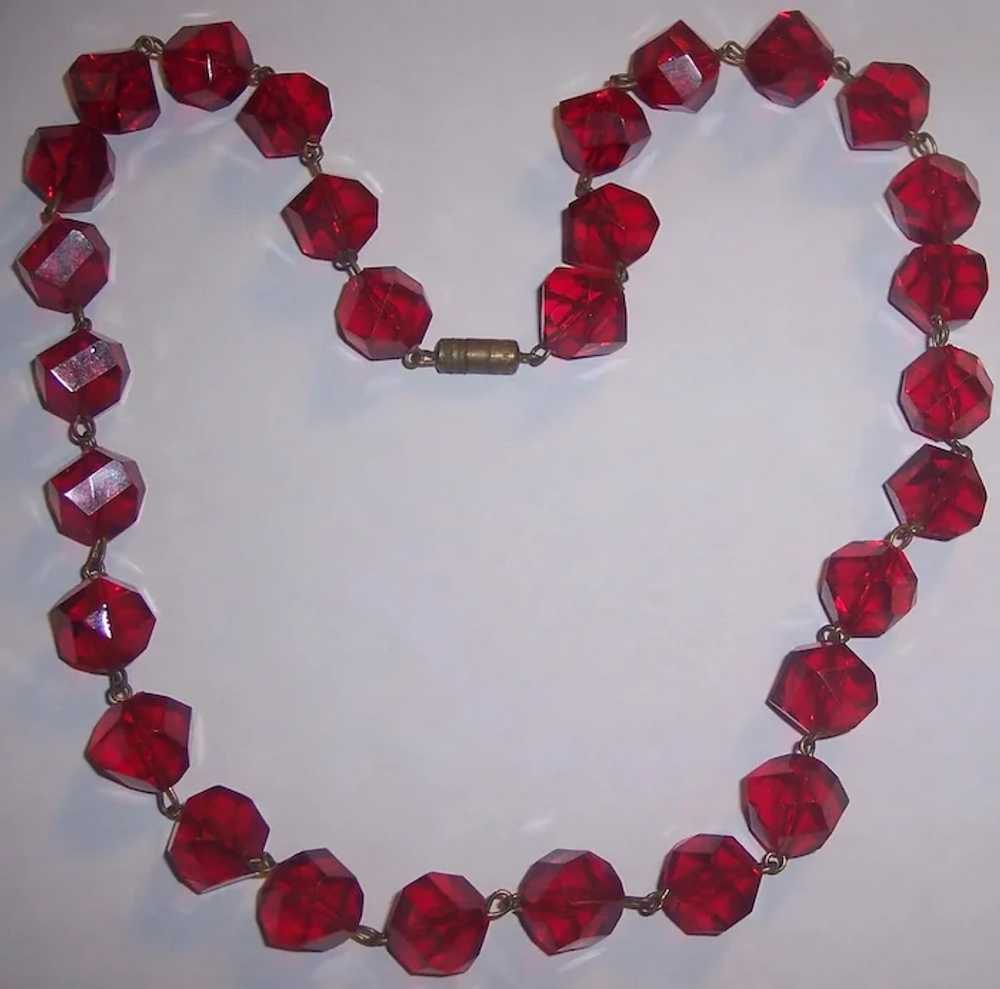 Red Faceted Beaded Necklace Plastic Cubist Beads - image 4