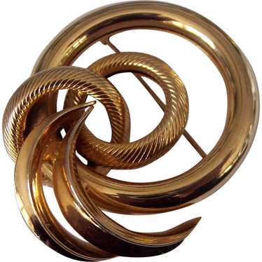 Gold tone Retro Style Circles & Swirl Brooch - image 1