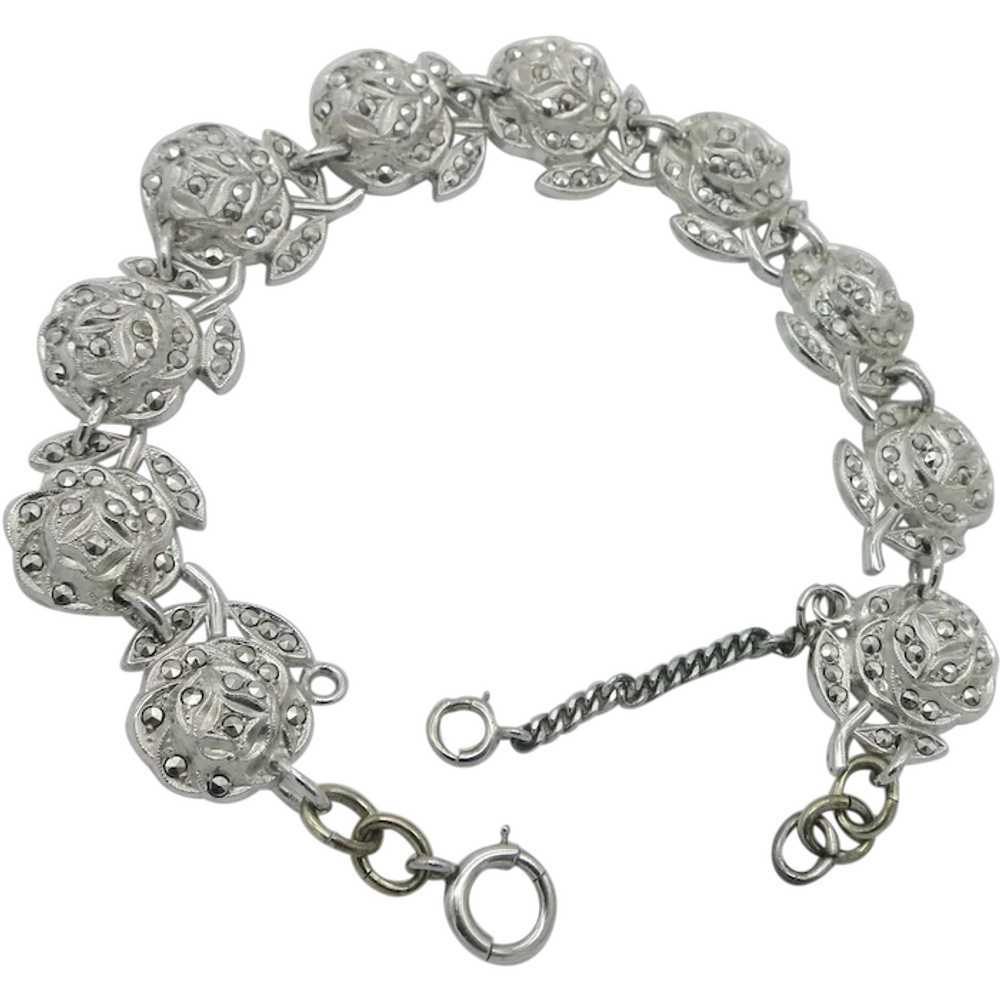 Sterling Silver Roses Marcasite Link Bracelet - image 1