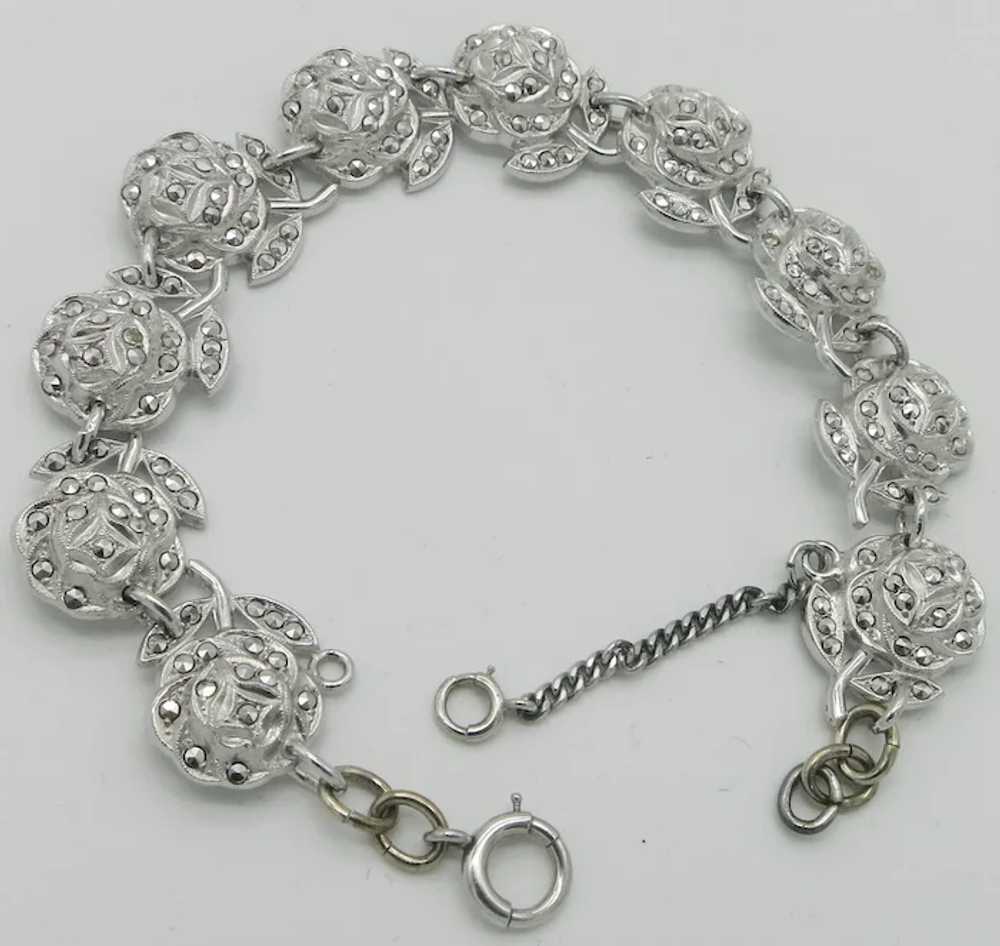 Sterling Silver Roses Marcasite Link Bracelet - image 2