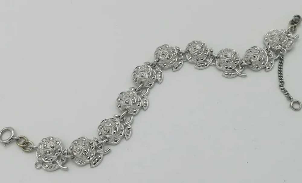 Sterling Silver Roses Marcasite Link Bracelet - image 3