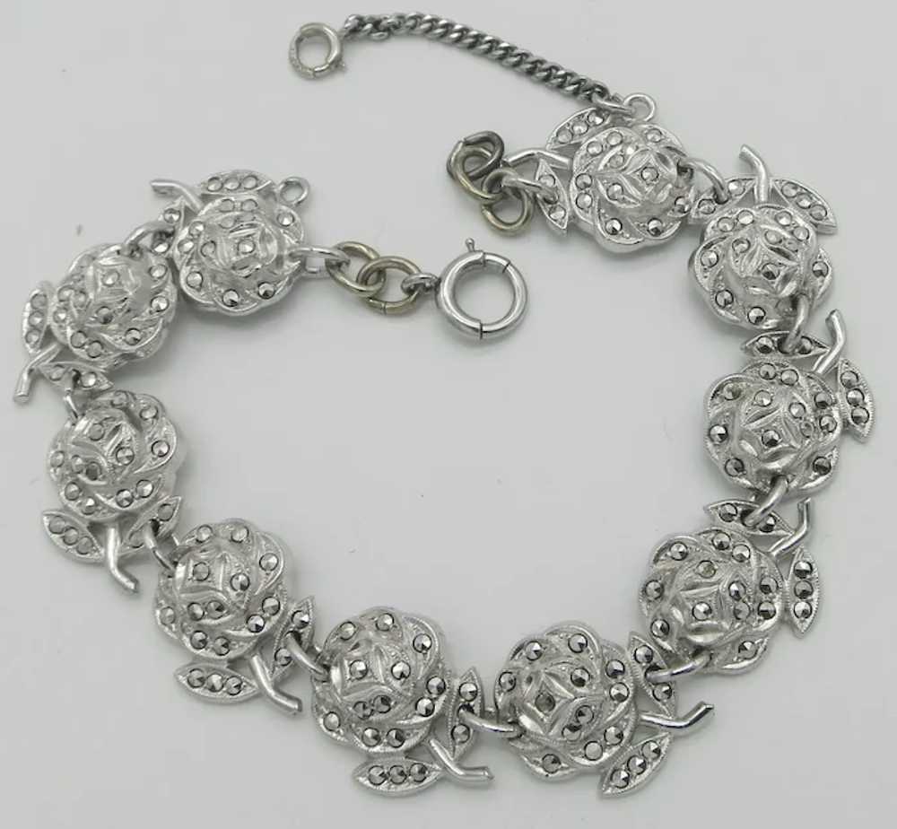 Sterling Silver Roses Marcasite Link Bracelet - image 5