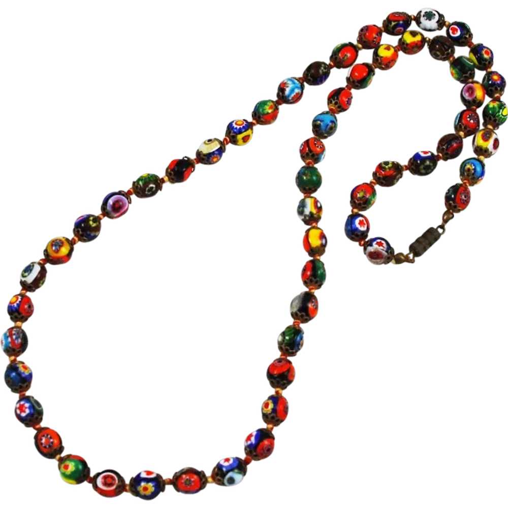 Italian Millefiori Bead Necklace Hand Knotted - image 1