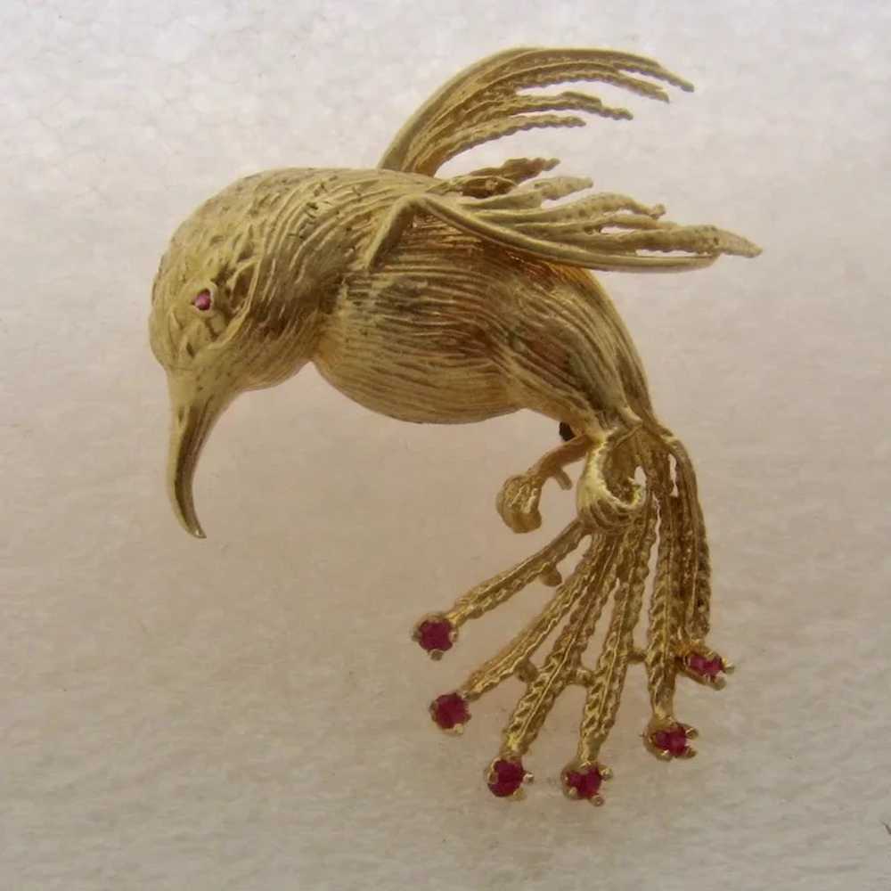 Vintage 14K Gold Hummingbird w/ Rubies Signed MJ - image 2