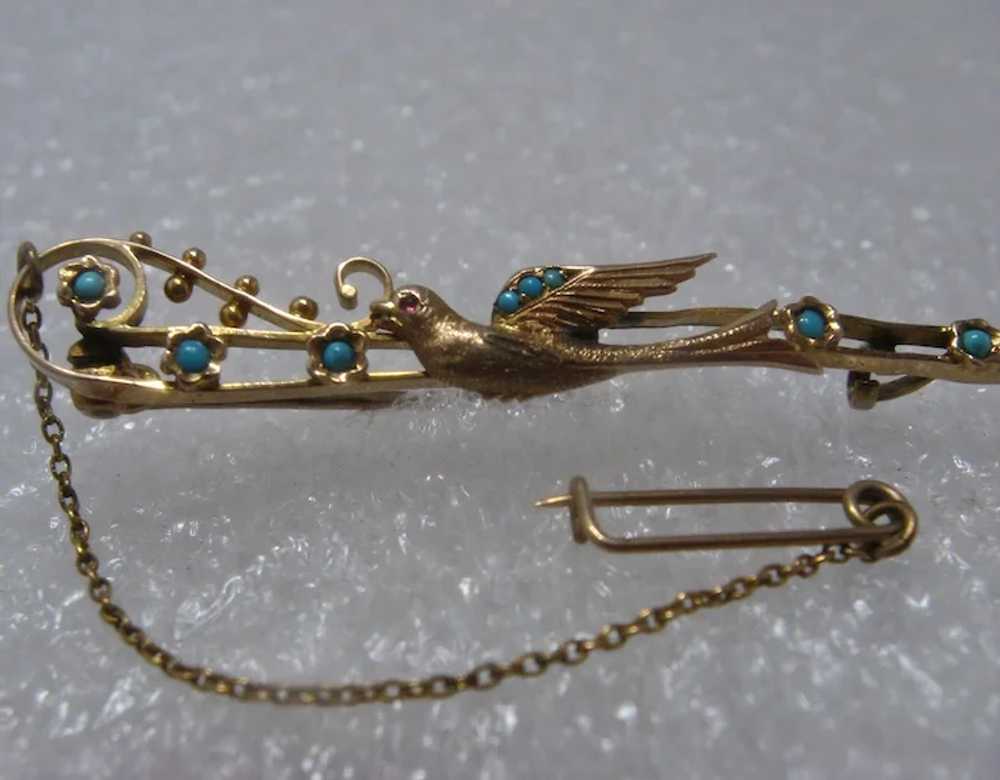 Victorian 14K Swallow Bird Pin w/ Ruby & Turquois… - image 2