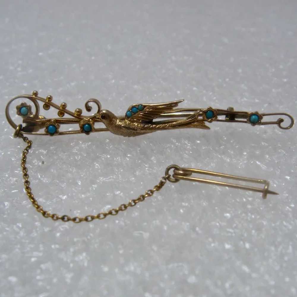 Victorian 14K Swallow Bird Pin w/ Ruby & Turquois… - image 3