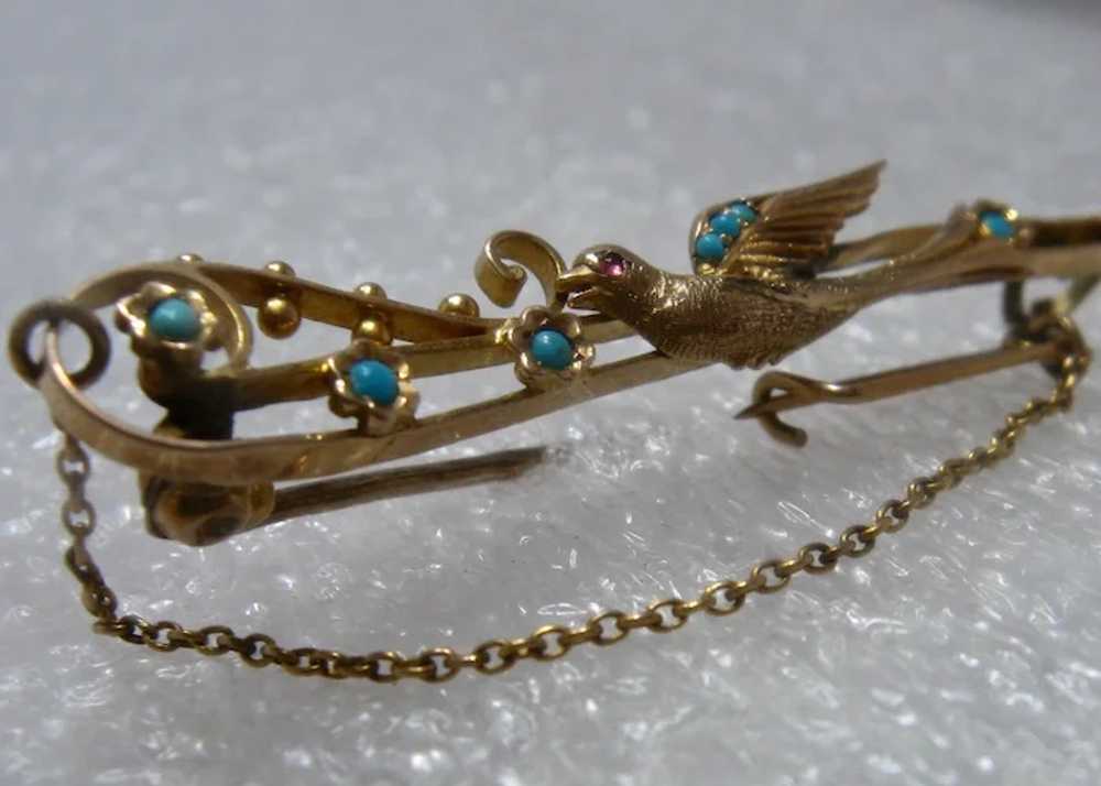 Victorian 14K Swallow Bird Pin w/ Ruby & Turquois… - image 4