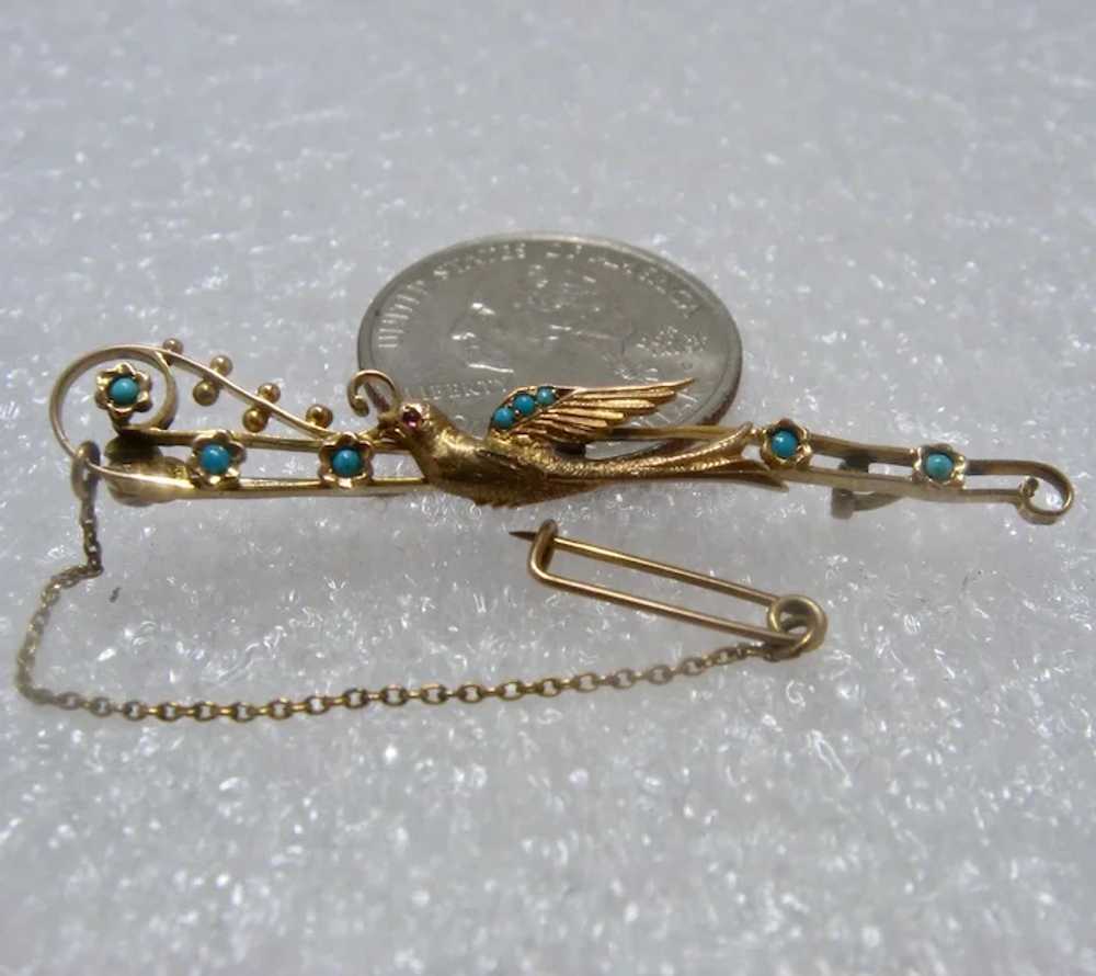 Victorian 14K Swallow Bird Pin w/ Ruby & Turquois… - image 9