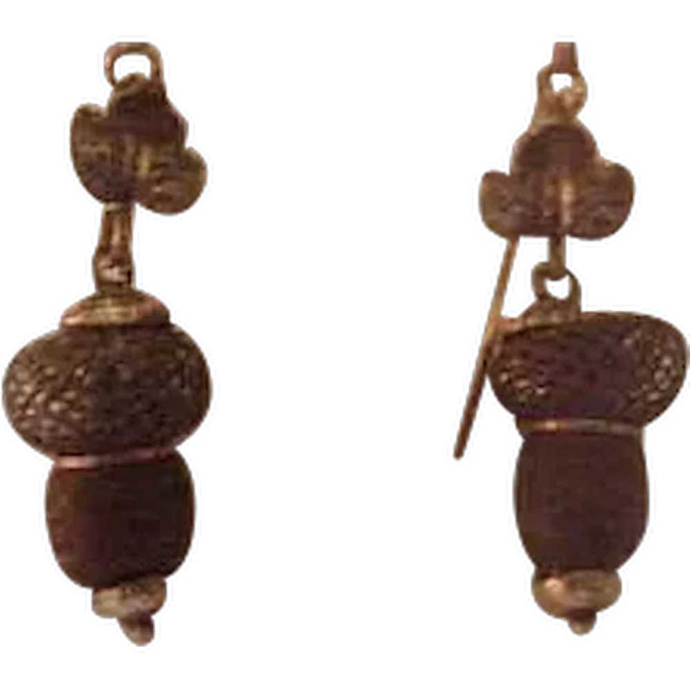 10K Gold Victorian Hair Mourning Acorn Earrings - image 1