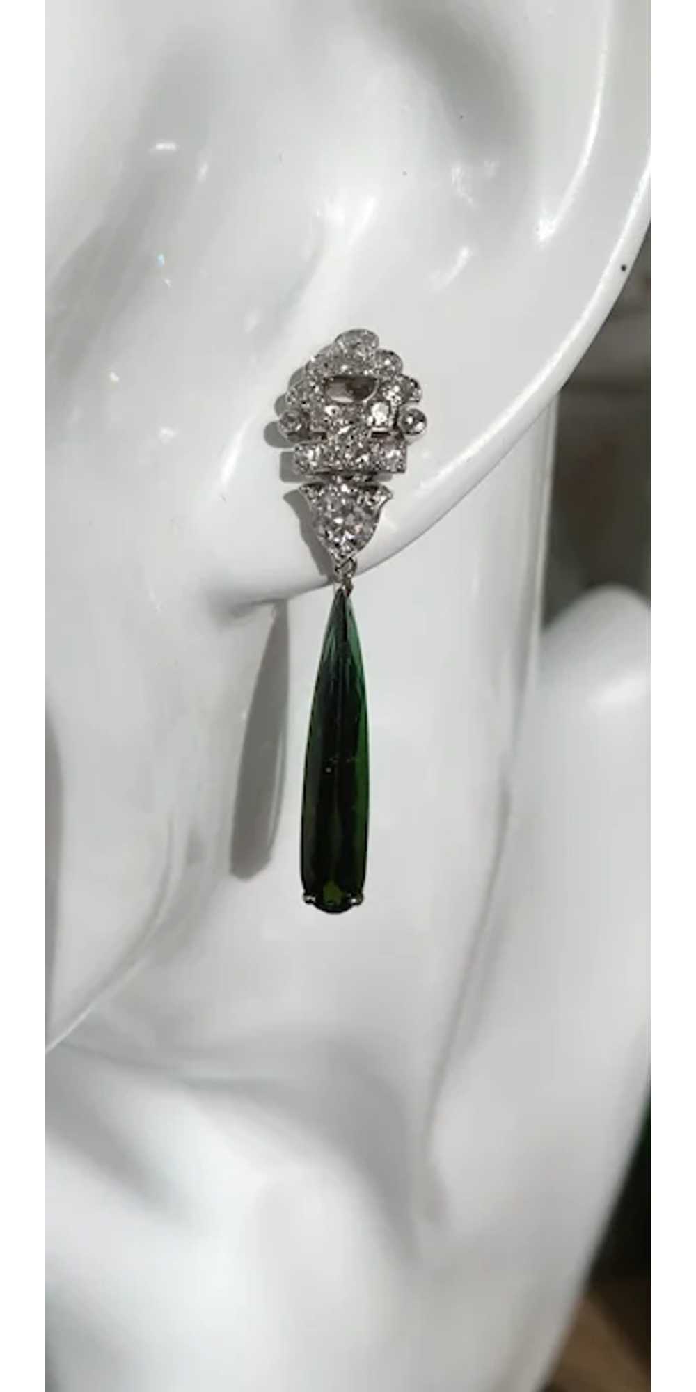Art Deco 18k White Gold Diamond Natural Green Tou… - image 2