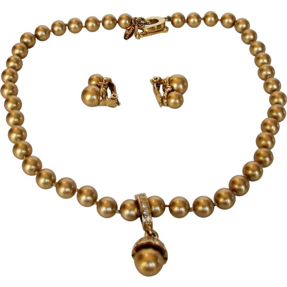 Vintage Carolee Faux Golden Pearl Necklace and Ma… - image 1