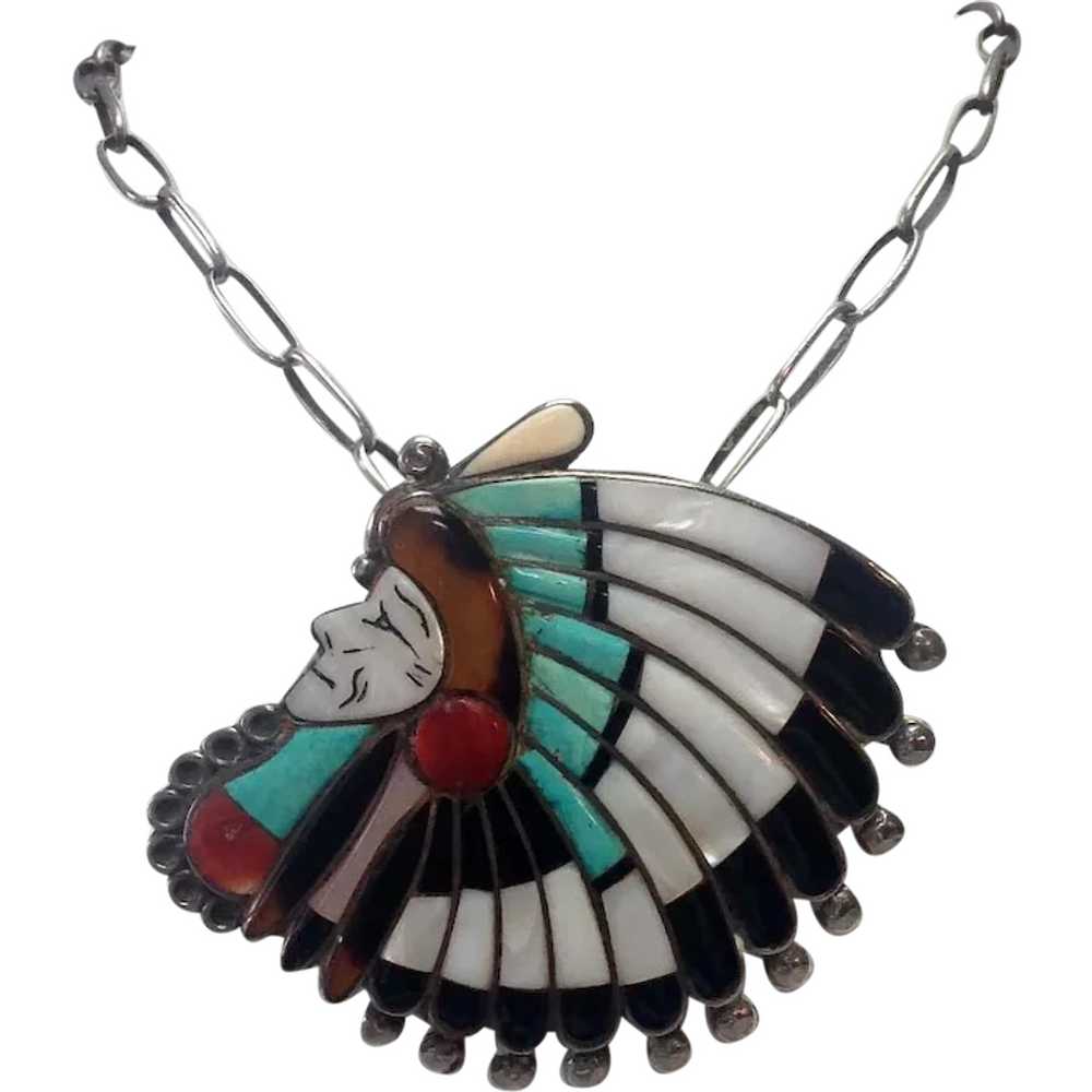 Zuni Chief Headdress Bolo 3” Large Turquoise Ster… - image 1