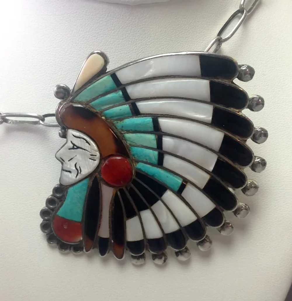 Zuni Chief Headdress Bolo 3” Large Turquoise Ster… - image 3