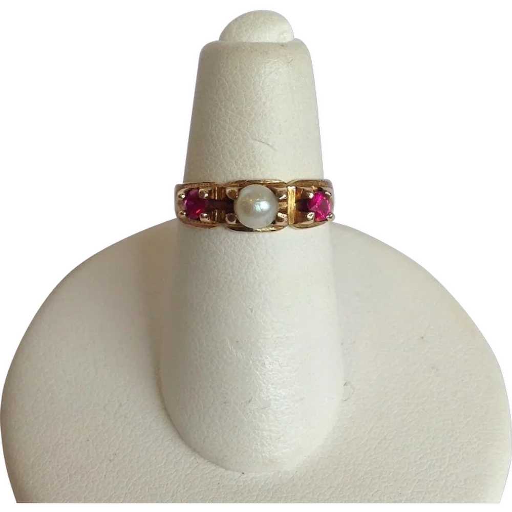 Petite Three stone Ruby and Pearl 14K Gold Ring S… - image 1