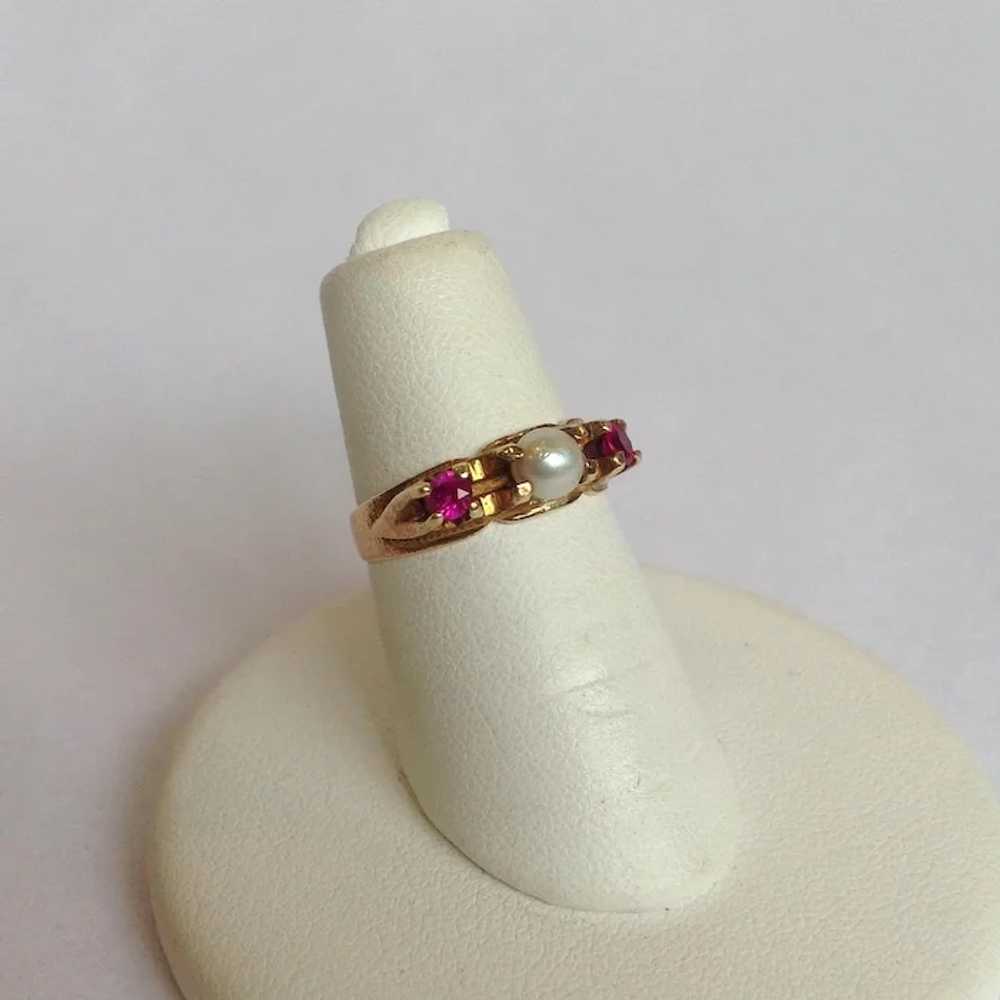 Petite Three stone Ruby and Pearl 14K Gold Ring S… - image 3