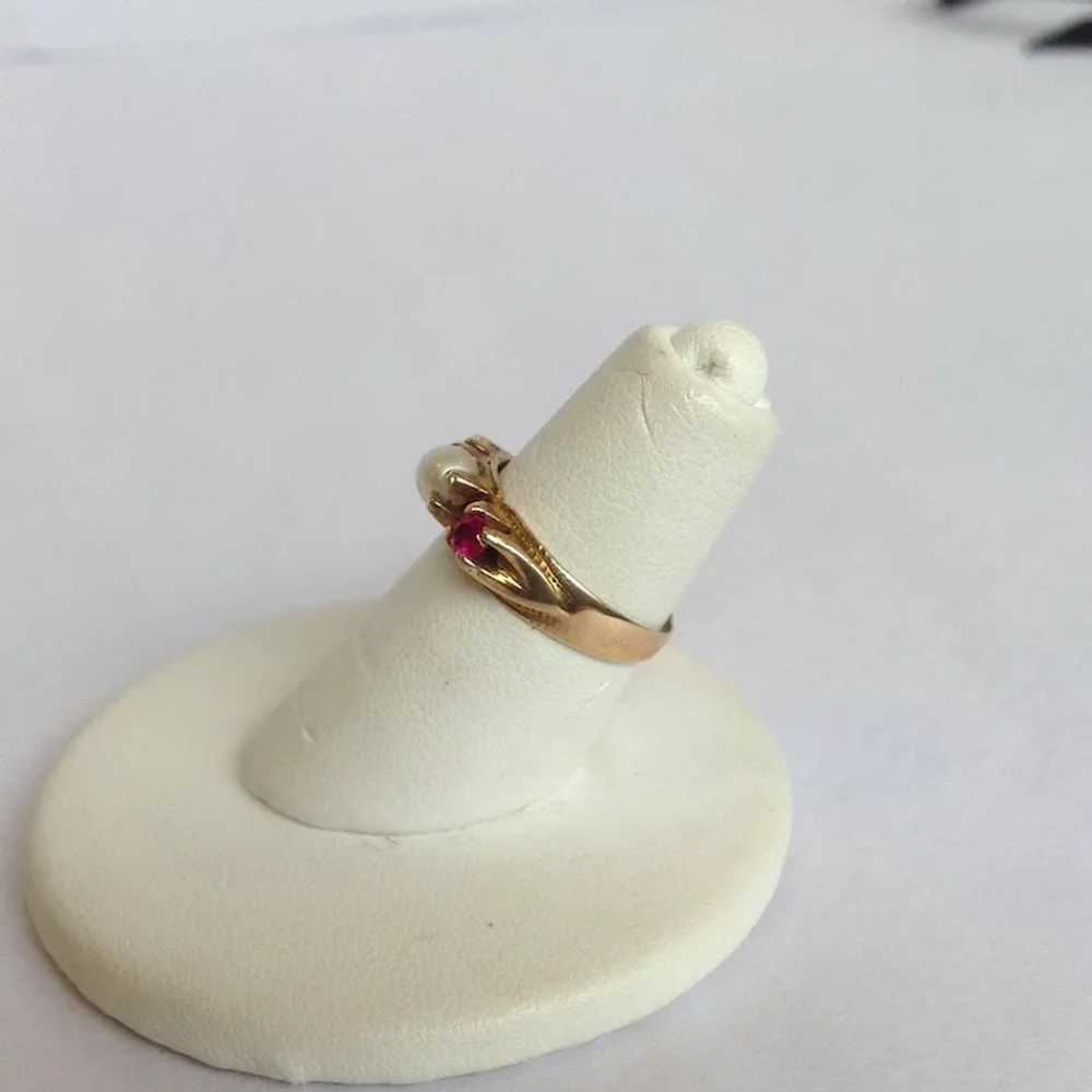 Petite Three stone Ruby and Pearl 14K Gold Ring S… - image 5