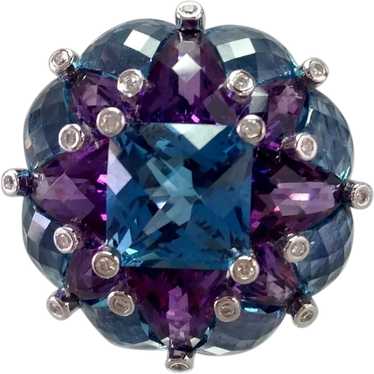 Blue Topaz 18k Mosaic Ring Amethyst and Diamonds … - image 1