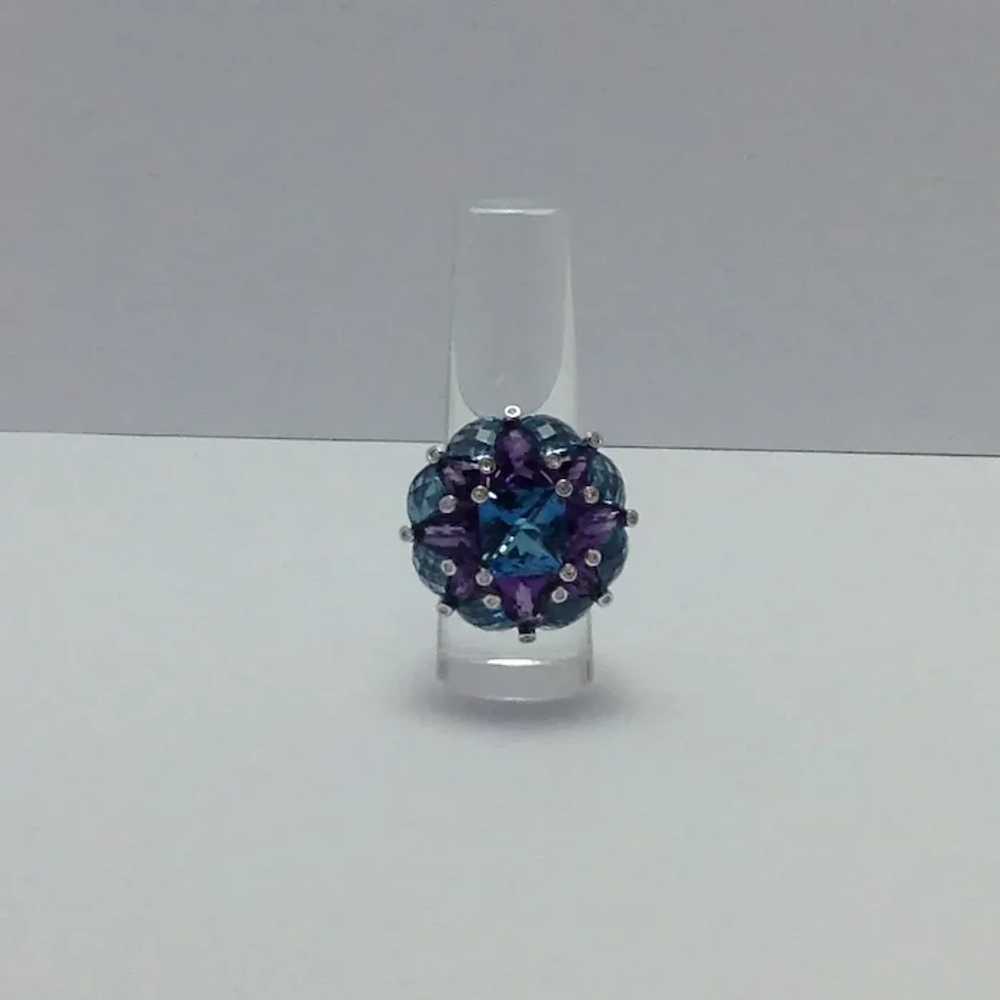 Blue Topaz 18k Mosaic Ring Amethyst and Diamonds … - image 2