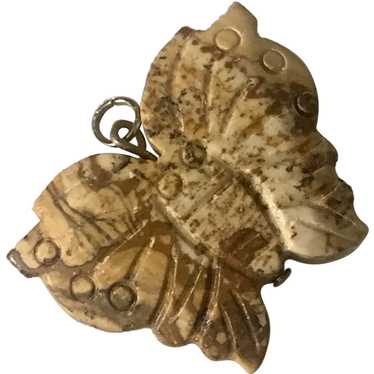 Vintage Double Side Carved Jasper Butterfly Penda… - image 1