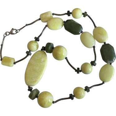 Vintage Natural Green Yellow Nephrite Jade Sterli… - image 1