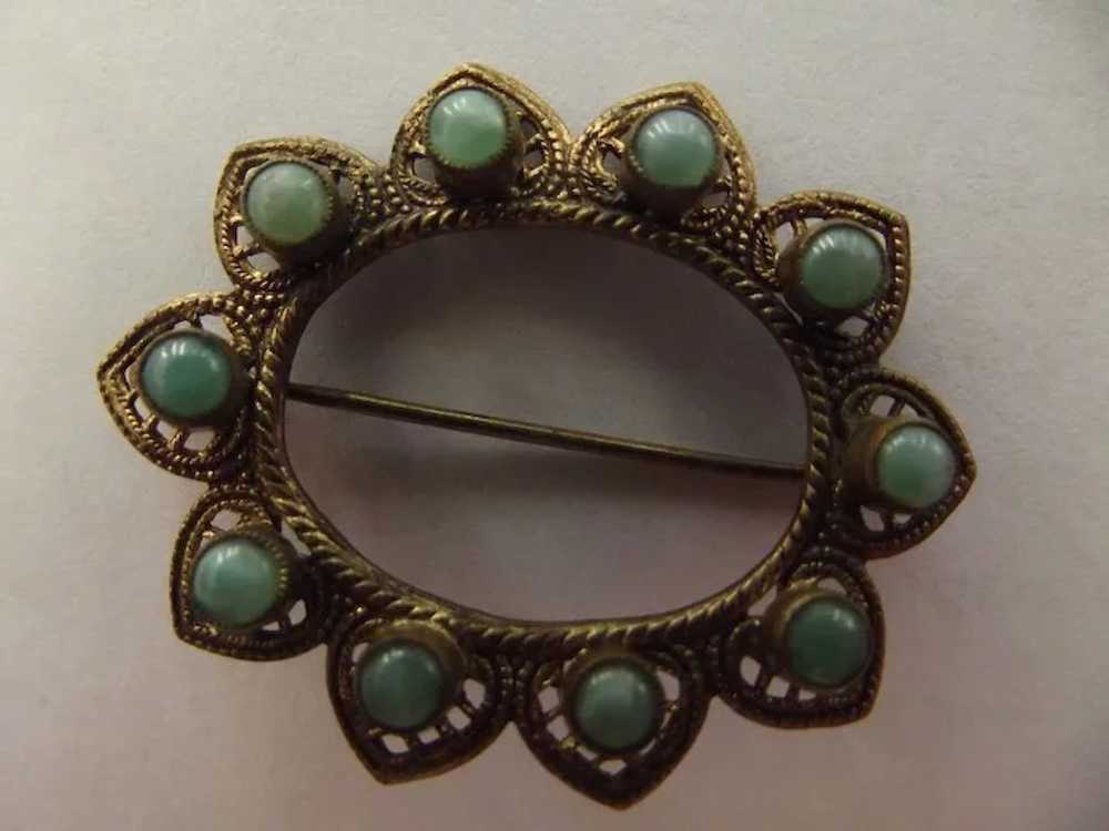 Lacy Victorian Pin With Green Stones Czech - image 1