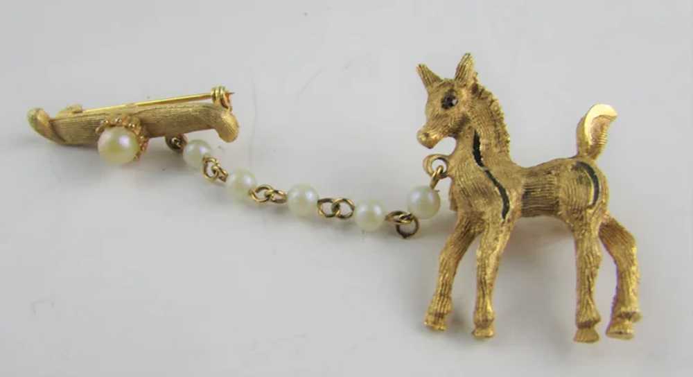 Vintage Gold Tone Pony Two Part Pin With Faux Pea… - image 11